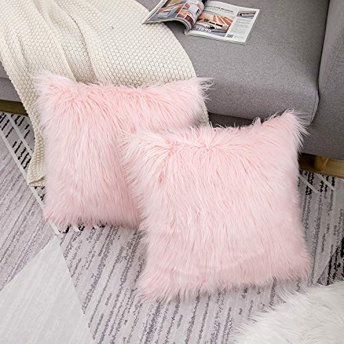 Wlnui Set Of 2 Pink Fluffy Pillow Covers New Luxury Series Merino Style Blush Faux Fur Decorative Throw Pillow Covers Square Fuzzy Cushion Case 18X18 Inch #TOP1