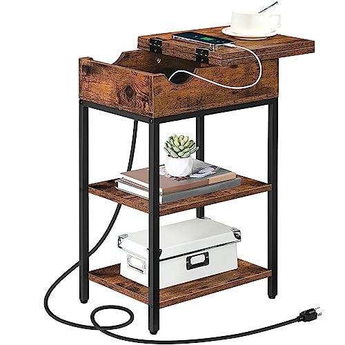 Mahancris End Table With Charging Station, Narrow Side Table With Usb Ports And Outlets, Flip Top Sofa Table, Nightstand With Storage Shelves And Phone Clip Holder, Rustic Brown And Black Ethr59E01 #TOP25