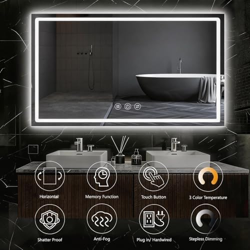Image of 55 inchx 36 inch LED Bathroom Mirror with Lights, Backlit & Front Lit, Stepless Dimmable, Anti-Fog, 3 Colors, Lighted Bathroom Vanity Mirror for Wall, Tempered Glass, Memory Function, ETL Listed