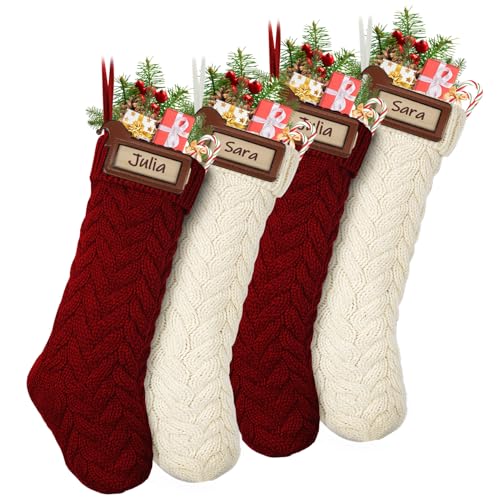 LIBWYS Knit Christmas Décor Stockings with Leather Name Tags, 4 Pack 18" Large Cable Xmas Stockings Classic Burgundy Red Ivory White Chunky Hand Decoration Stockings