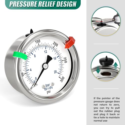 Image of 0-300Psi Stainless Steel Dry Low Pressure Gauge 1 /4 inch NPT 2 inch Dual Scale Dial, Back Mount, Waterproof for Water Oil Air Well pump, compressors, Tire Gas Pressure Test (with Range Mark Pointer)