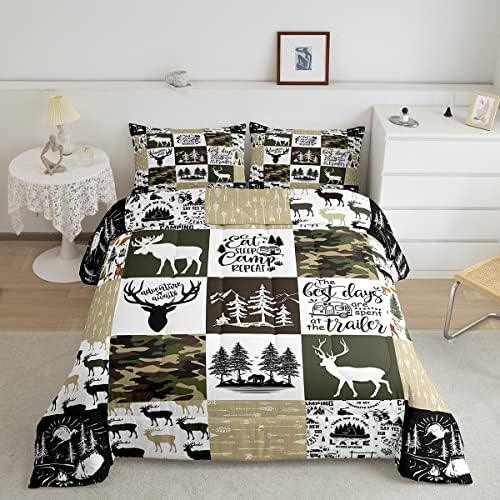 spefrowx Happy Camping Camper Bedding Set Green Camouflage Comforter Set Deer Wildlife Quilt Comforter Rustic Farmhouse Style Bedroom Decor Moutains Trees Arrows Patchwork Quilt Duvet,Queen
