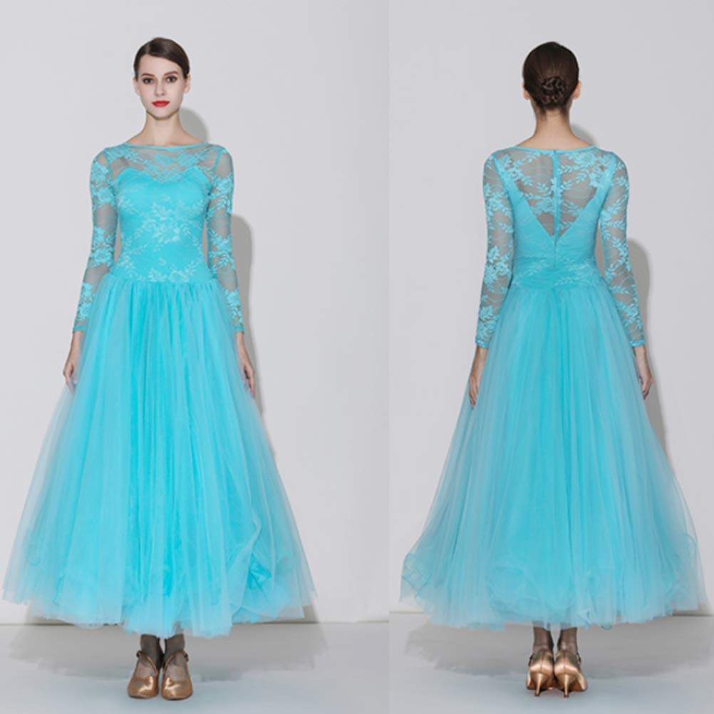 Lace Ballroom Dance Dresses for Women Modern Waltz Dance Costumes Long Sleeve Tango Competition Dancing Clothes Dresses Flamenco Dress,Blue,S