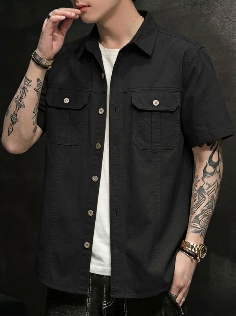 SMOWKLY Camisa casual de algodón liso para hombre con corte regular || media manga, botones, doble bolsillo frontal || Denim Shacket Style Fashion Western Outfit || Camisas de hombro para hombre