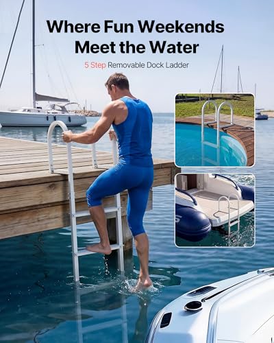 Image of VEVOR Removable Dock Ladder 5 Steps, 500lbs Heavy-Duty, Thickened 6063 Aluminum Alloy with Textured Nonslip Step, Weather-Ready & Quick Detach for Dock, Boat, Pool, Fishing