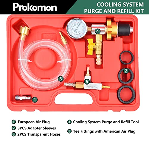 Prokomon Cooling System Vacuum Purge Radiator Coolant Refill Tool Kit, Automotive Water Tank Pneumatic Vacuum Antifreeze Change Filler Set, With 4 Sizes Adapter Case Hose For Car Van Suv Truck #TOP1