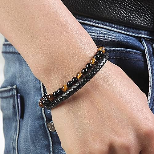 2pcs Natural Beaded Stone Leather Bracelets For Women Men Weighted Bracelets Jewelry Black Beads Bracelet