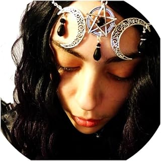 Boho Rhinestone Head Chain Crescent Moon Headpieces Pagan Hair Chains Pentagram Witchy Hair Jewelry Gifts for Women and Girls (Style-3)