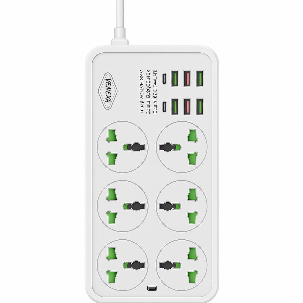 Heavy Duty Multi Plug Extension Board with USB & Type-C, Spike Guard | Individual Switches, 2m Long Wire, Universal Smart Power Extension Cord for Home Office Washing Machine & Heavy Load (White)-image-7