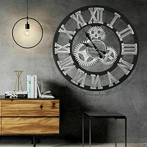 Heaven4you Large Roman Numeral Wall Clock Wood/Metal Open Face Round for Living Room Kitchen Bar Office (Silver, 40cm)