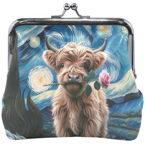 Highland Cow Starry Night Coin Purse for Women Leather Cute Buckle Kiss Lock Money Change Pouch Girls