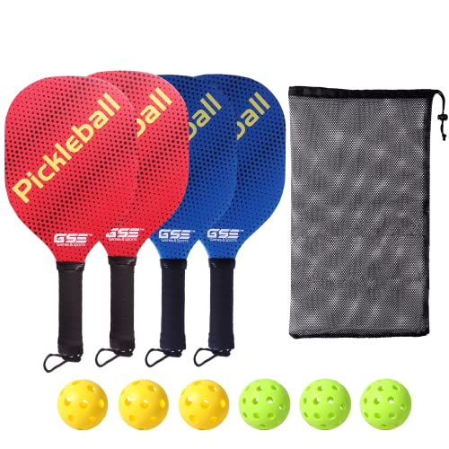 GSE Pickleball-Paddel-Set, leichte Hartholz-Pickleball-Schläger und Pickleballbälle für drinnen und draußen und Netz-Tragetasche (4 Paddel/6 Bälle) Cover