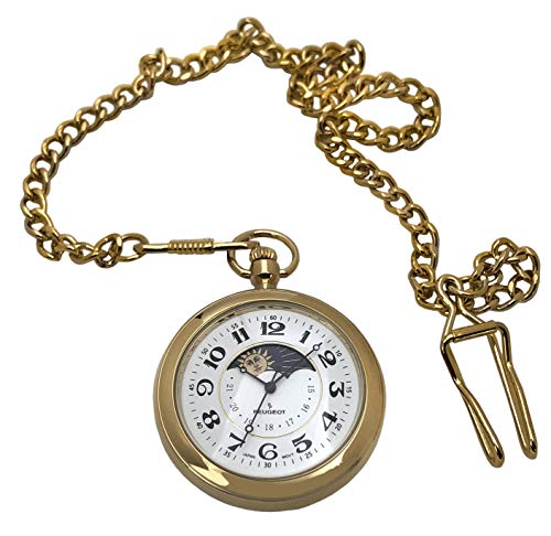 Image of Peugeot Men's 14Kt Gold Plated Vintage Pocket Watch with Chain, 40mm Open Face, Engravable with Easy to Read Roman Numbers