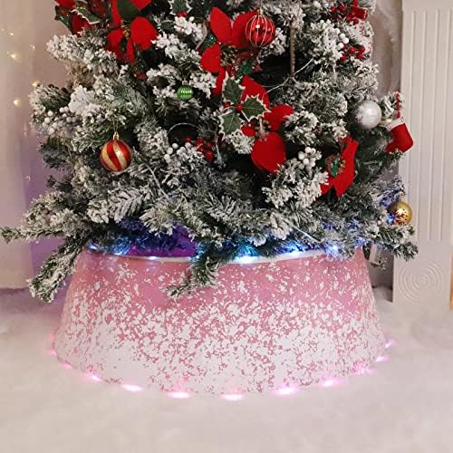 ATTGREAT Christmas Tree Collar, 17 Light Modes Christmas Tree Skirt, 30 Inch Burlap Tree Skirt, 40LED Christmas Tree Ring with Snow Spray for Farmhouse Rustic Party New Year Christmas Tree Decorations