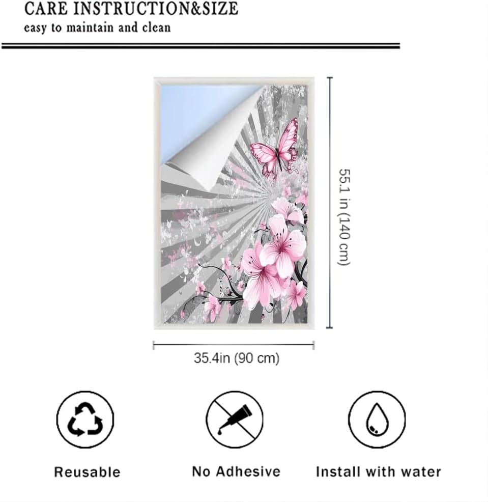 Modern Colorful Cherry Blossoms Window Film Privacy Striped Floral Butterfly Decorative Stained Glass Decal for Home, Adhesive Window Sticker 35.4Wx55.1L inch