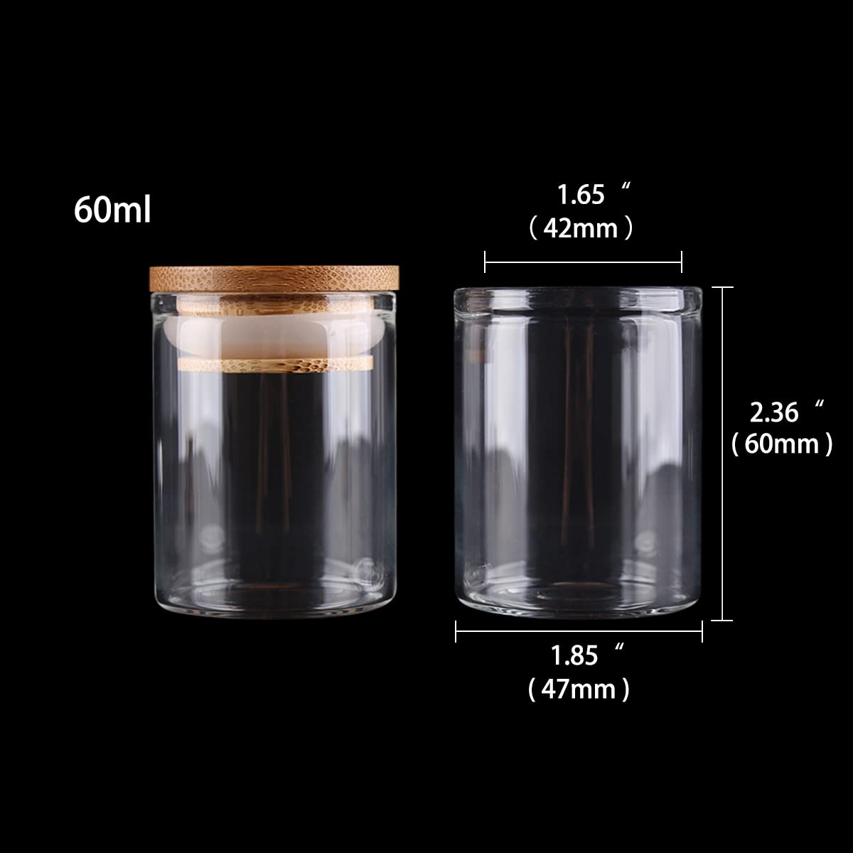 Borosilikatglas-Reagenzgläser, Reagenzgläser aus Glas mit Bambusdeckel, 60 ml, 47 x mm, 6 Stück