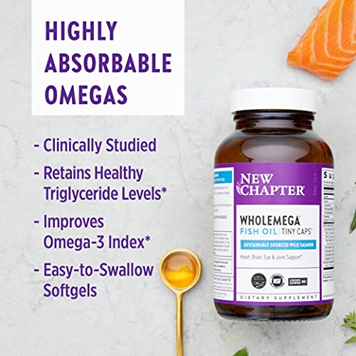 New Chapter Fish Oil Supplement - Wholemega Wild Alaskan Salmon Oil With Omega-3 + Vitamin D3 + Astaxanthin + Sustainably Caught - 180 Ct Tiny Caps #TOP3