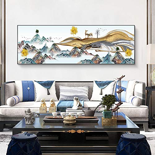Impression sur toile montagne et cerf abstrait 50x150cm pour salon