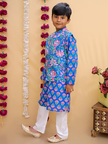 Image of The Mom Store Boys Printed Cotton Kurta Pajama Set With Jacket | Soft And Comfortable Ethnic Wear For Baby /Kids Boys | Full Sleeves Kurta Pyjama Set | Traditional Indian Outfit