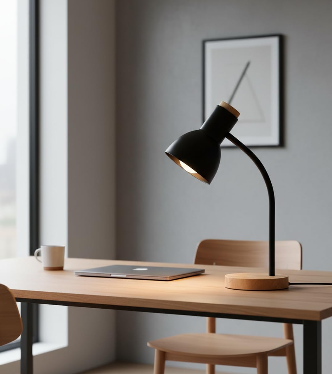 BEL AIR HOME | Lámpara flexo de escritorio ARGOS | 40 cm, negro, madera natural y metal | Cuello flexible, base antideslizante, cable con interruptor | Iluminación eficiente y elegante