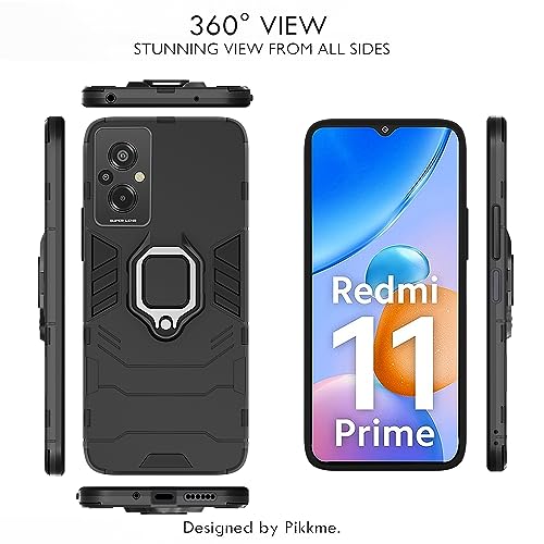 Image of Pikkme Redmi 11 Prime 4G Back Cover | D5 Tough Armor Bumper | 360 Protection Case | Ring Holder Stand Case for Redmi 11 Prime 4G (Black)