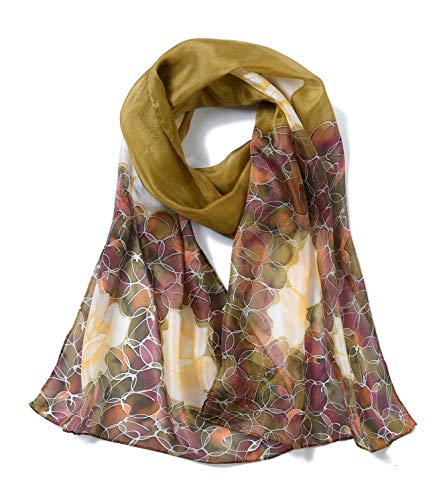 Invisible World Women's 100% Mulberry Silk Scarf Long Hand Painted Floral Brown