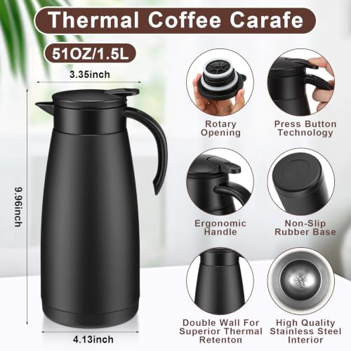 Image of Norme 2 Pcs Thermal Coffee Carafe Insulated Stainless Steel Coffee Carafe for Hot Liquid Vacuum Thermal Pot Creamer Pitcher Dispenser with Brushes Keeping Hot Water Milk(Black, Matte Silver,51 oz)