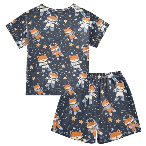 ALAZA Astronaut Fox Star Black Pajamas Set Short Sleeve Cotton Sleepwear Summer Pjs 2 Piece 5-14Y2