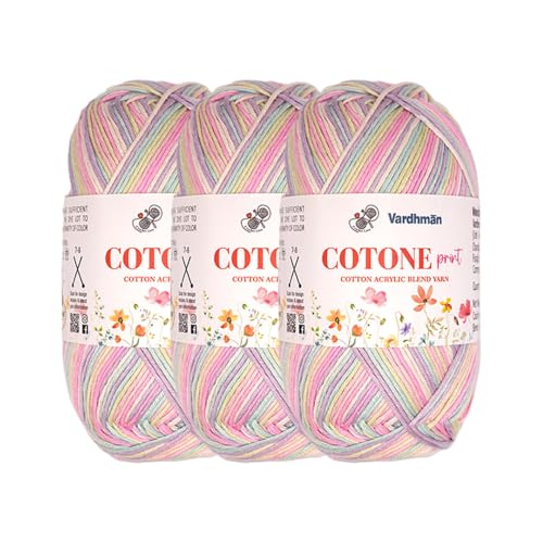 Image of Vardhman Cotone Print Cotton Acrylic Yarn 6 Ply Fine Weight Yarn | Pack-3