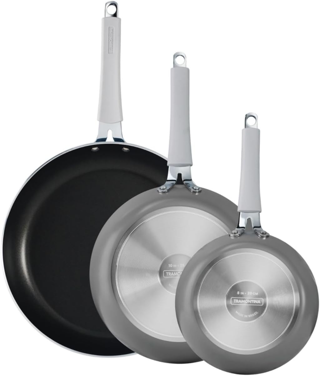 Tramontina 3 Piece Nonstick Fry Pan Set 8" 10" 12", Heavy-gauge aluminum, Porcelain enamel exterior, Reinforced nonstick interior is made without PFOA. Riveted soft-grip silicone handle.