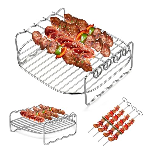 CoolShef Air Fryer Grill Rack with Skewers, Double Layer Stainless Steel Rack, Microwave Grill Stand, Stackable Grill Stand for Microwave Oven & Air Fryer Accessories, Fits 3.5L or Larger Air Fryers