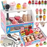 Wooderma Eisdiele Kinder Holz, Kinderküche Zubehör, Eisladen Kinder Holz, Kaufladen Rollenspiele, Holzspielzeug Spielküche Zubehör, Eiscreme Einkaufsladen, Montessori Spielzeug, Geschenk ab 3 Jahren
