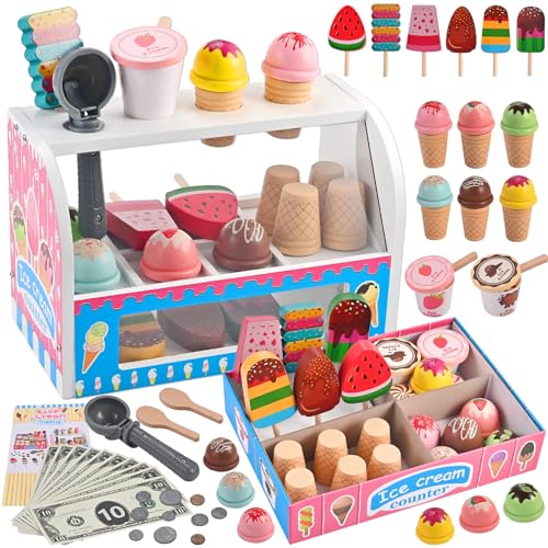 Wooderma Eisdiele Kinder Holz, Kinderküche Zubehör, Eisladen Kinder Holz, Kaufladen Rollenspiele, Holzspielzeug Spielküche Zubehör, Eiscreme Einkaufsladen, Montessori Spielzeug, Geschenk ab 3 Jahren