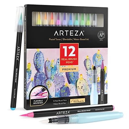 ARTEZA Rotuladores Punta Pincel, Juego de 12, Tonos Pastel, Rotuladores de Acuarela Mezclables con 1 Pincel de Agua, Materiales de Arte para el Colegio, el Hogar y la Oficina