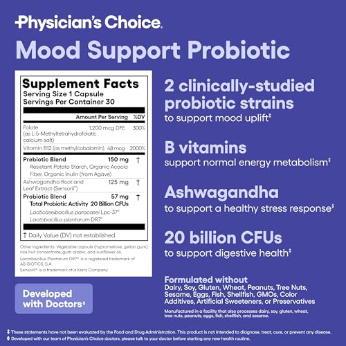 Image of Physician's CHOICE Mood Support Probiotic - Supports a Balanced Mood, Healthy Stress Response & Digestive Health with Prebiotics, Ashwagandha, Vitamin B12, Folate - for Men & Women - 30ct