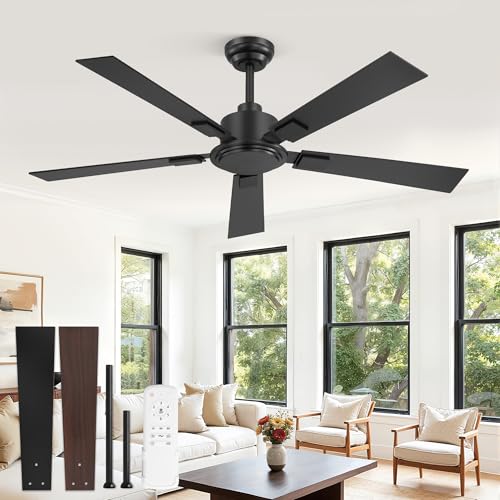 ZMISHIBO 52 Inch Ceiling Fan No Light with Remote, Black Ceiling Fan without Lights, Quiet Reversible DC Motor, 6-Speeds, Modern Ceiling Fans for Living Room, Bedroom, Patio, Indoor/Outdoor Use