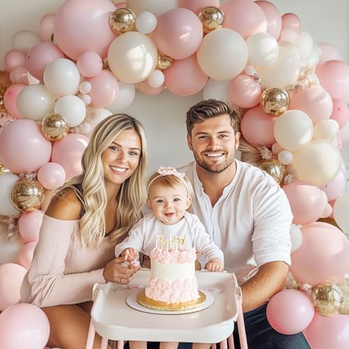 Image of Pink Beige White Balloons Arch Kit, Sand White,Gold,144 pcs, Different Size