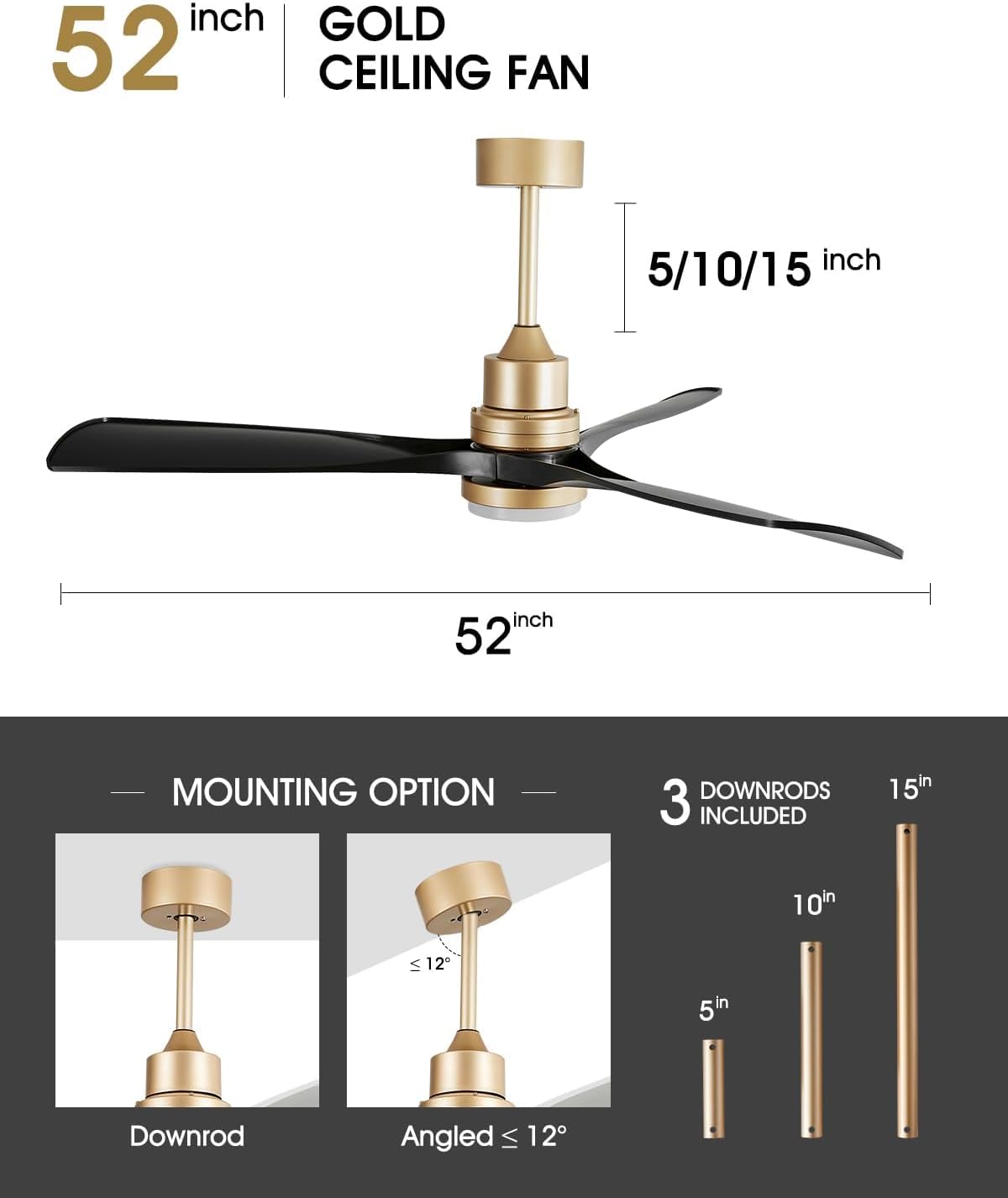 52" modern black and gold ceiling fan with lights and remote, etl listed, 3 downrods, 3 wood blade gold black ceiling fans, reversible quiet dc motor, 3 timer for outdoor patio bedroom,52in,black gold black and gold 52 inch