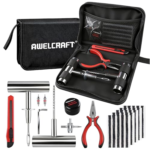 Image of AWELCRAFT 36-Piece Tire Repair Kit - Heavy Duty Flat Tire Plug Kit with T-Handle Tools, 25 Rubber Plugs, 4-Way Valve Tool, Pliers, Folding Knife - Portable Tool Bag - Universal for Car