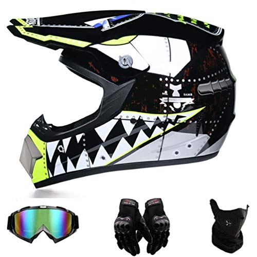 SK-PBB Casco Motocross,Casco Descenso Hombre, Negro/Tiburón - Adulto Casco Motocross Enduro MTB con Gafas/Máscara/Guantes, Casco Trail, ATV Scooter,L