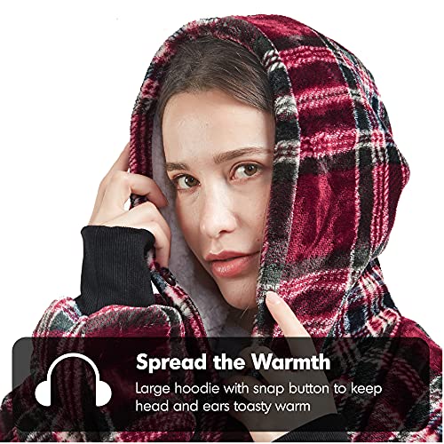 Degrees Of Comfort Original Sherpa Wearable Blanket Hoodie, Oversized Hooded Sweatshirt Blankets, One Big Size Fits All, 38X32 Red Plaid #TOP1
