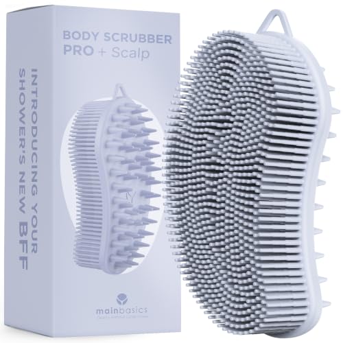 Image of MainBasics Exfoliating Silicone Body Scrubber Pro 2-in-1 Shower Scrubber for Body, Silicone Loofah and Scalp Massager (Light Blue, Body + Scalp)