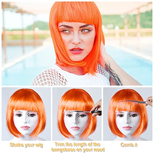 Image of PLULON Orange Short Bob Wig and Sunglass Set, Neon Short Bob Wig Sunglass Pack Costume Colorful Cosplay Wig Hairpieces for Bachelorette Neon Party Favors, Halloween Decorations