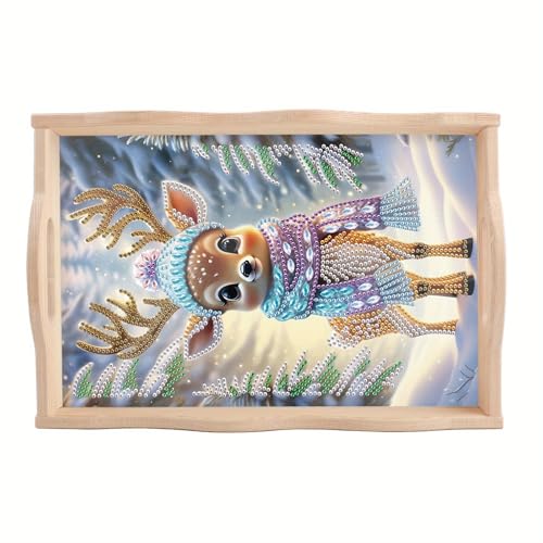 DIY Diamond Art Tray Wooden Pallet kits, Scarf Hat Pretty Deer 5D Cartoon Handle Craft Painting kit, suitable for home, party, bar, Christmas, also can be used as a gift for relatives and friends