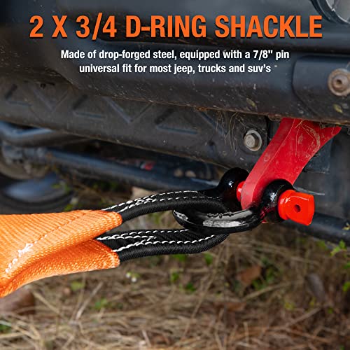 All-Top Extreme Duty Tow Strap Recovery Kit: 4Inch X 30Ft (46,500Lbs) 100% Nylon And 22% Elongation Snatch Strap + 3/4 Heavy Duty D Ring Shackles (2Pcs) + Storage Bag #TOP4