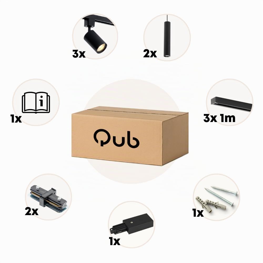 Qub Focus III Monophasé Luminaire Plafonnier Kit Complet – 300cm - Set 3 Spot & 2 Suspension Luminaire - 3x 1m Barre de Spot Plafond – I-Form - GU10 & LED Compatible Plafonnier intérieur Noir Moderne