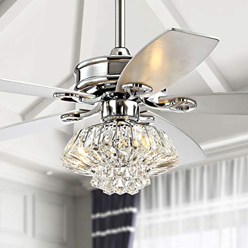 JONATHAN Y JYL9608A Glam Kate 3-Light Fandelier with Remote, Crystal Drum LED Ceiling Fan, 48", Chrome