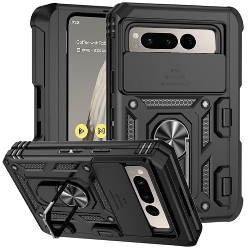 Funda para Google Pixel Fold, 360 Grado Antigolpe Carcasa Capa Doble Case, con Cubierta Deslizante de la Cámara, Soporte Giratorio de 360 ° y Funda Protectora TPU de Silicona - Negro