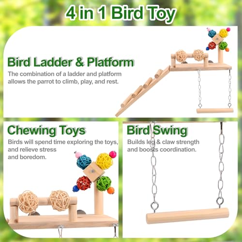 Image of Bird Perch for Cage, Bird Parakeet Cage Accessories, 4 in 1 Bird Swing Platform Chewing Toys, Made of Wood