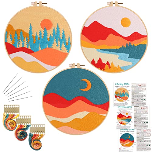 Louise Maelys Conjunto de 3 kits de bordado de paisagem para iniciantes com padrão de sol de montanh